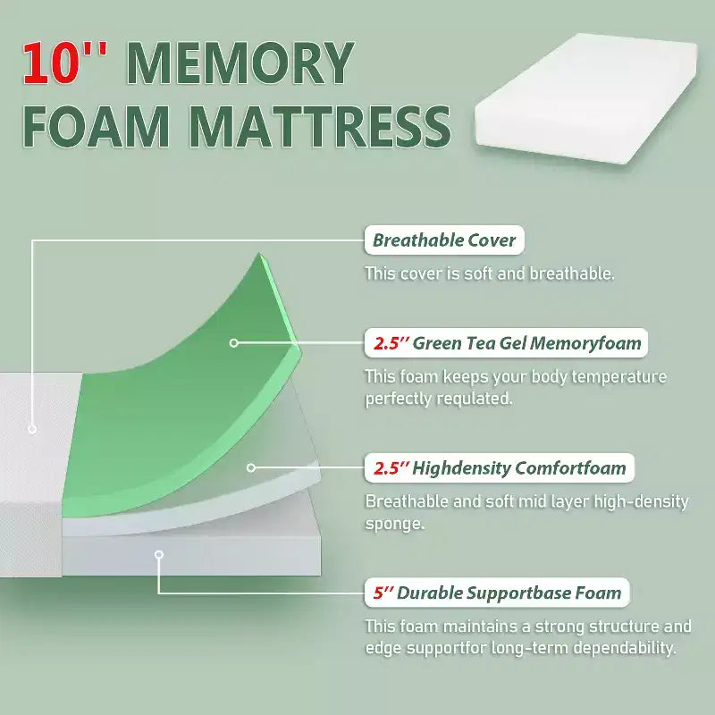 10 Inch Green Tea Memory Foam Mattress – Cooling Gel, CertiPUR-US, Fiberglass Free